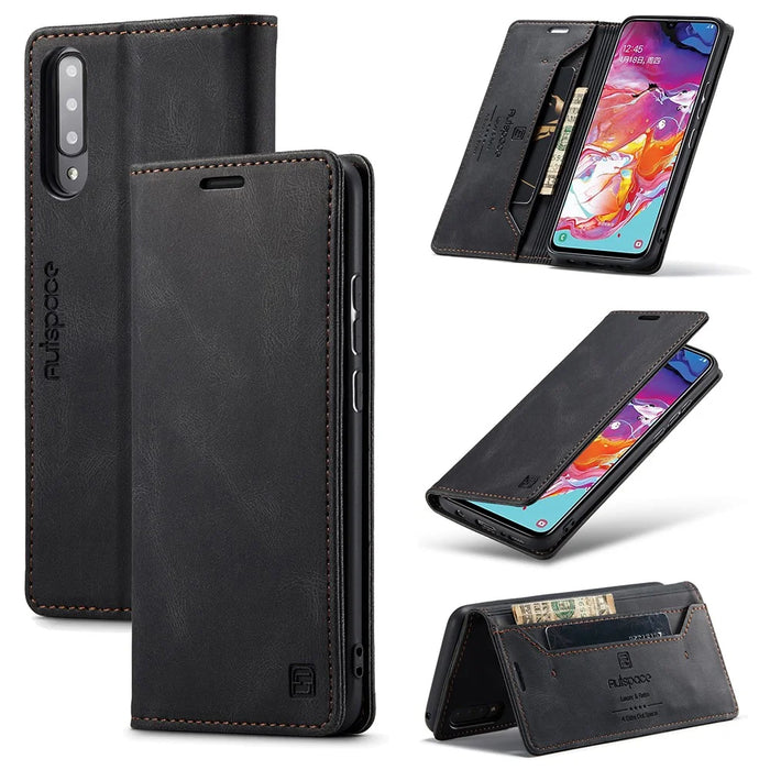 AUTSPACE A01 Series RFID Blocking Retro Matte Leather Case Wallet for Samsung Galaxy A70 - Black - 1