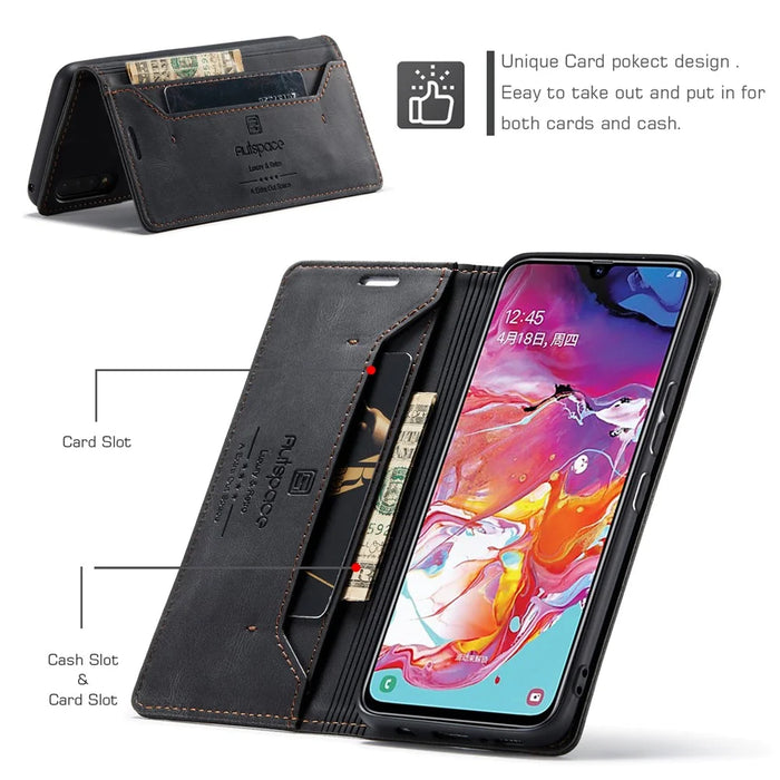 AUTSPACE A01 Series RFID Blocking Retro Matte Leather Case Wallet for Samsung Galaxy A70 - Black - 2