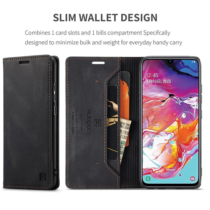 AUTSPACE A01 Series RFID Blocking Retro Matte Leather Case Wallet for Samsung Galaxy A70 - Black - 4