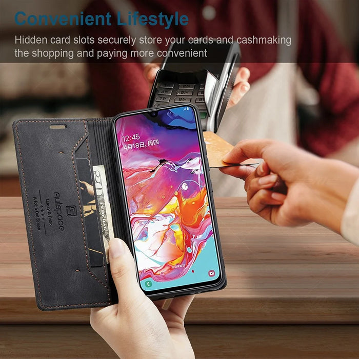 AUTSPACE A01 Series RFID Blocking Retro Matte Leather Case Wallet for Samsung Galaxy A70 - Black - 5