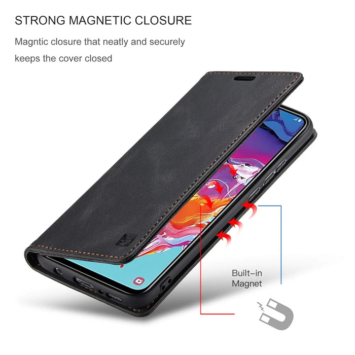 AUTSPACE A01 Series RFID Blocking Retro Matte Leather Case Wallet for Samsung Galaxy A70 - Black - 6