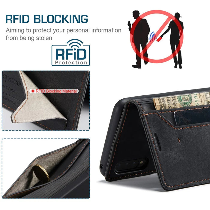 AUTSPACE A01 Series RFID Blocking Retro Matte Leather Case Wallet for Samsung Galaxy A70 - Black - 7