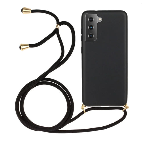 For Samsung Galaxy S21+ 5G Natural Eco-Friendly Design Wheat Straw Soft TPU Phone Case with Long Strap - Black - 1