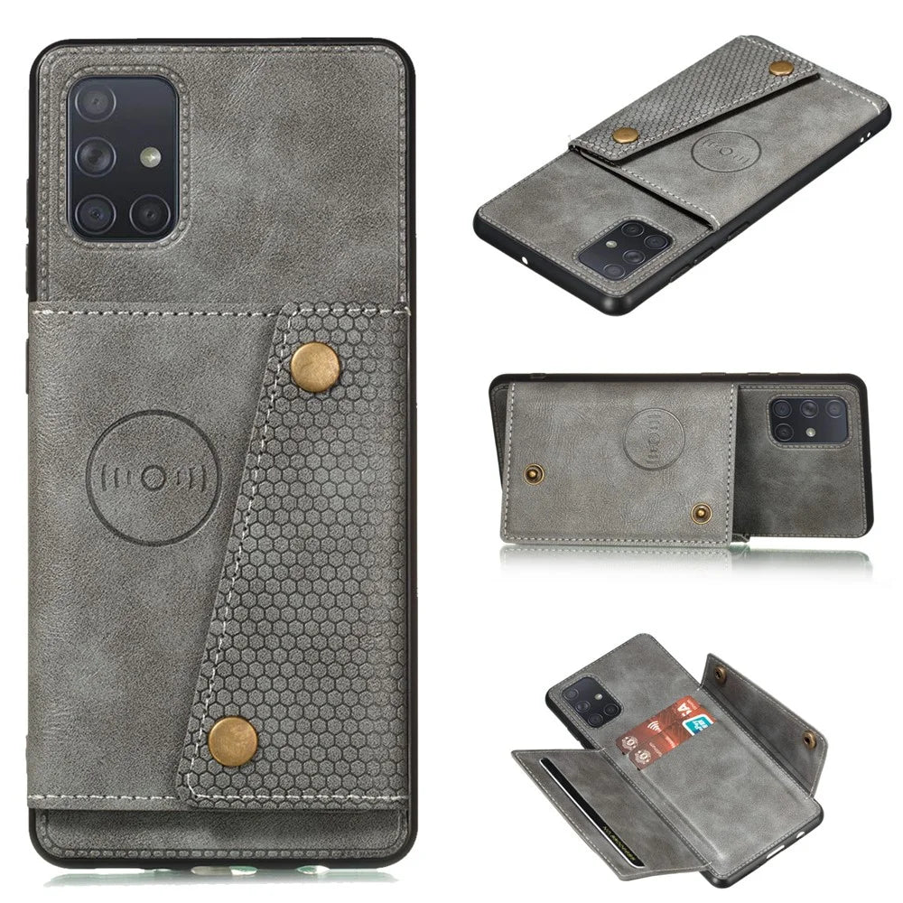 PU Leather Coated TPU Shell Case with Kickstand and Card Holder [Built-in Vehicle Magnetic Sheet] for Samsung Galaxy A52 4G/5G / A52s 5G - Grey - 1