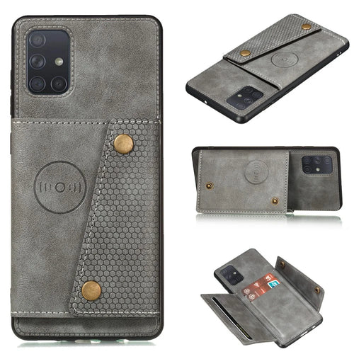 PU Leather Coated TPU Shell Case with Kickstand and Card Holder [Built-in Vehicle Magnetic Sheet] for Samsung Galaxy A52 4G/5G / A52s 5G - Grey - 1