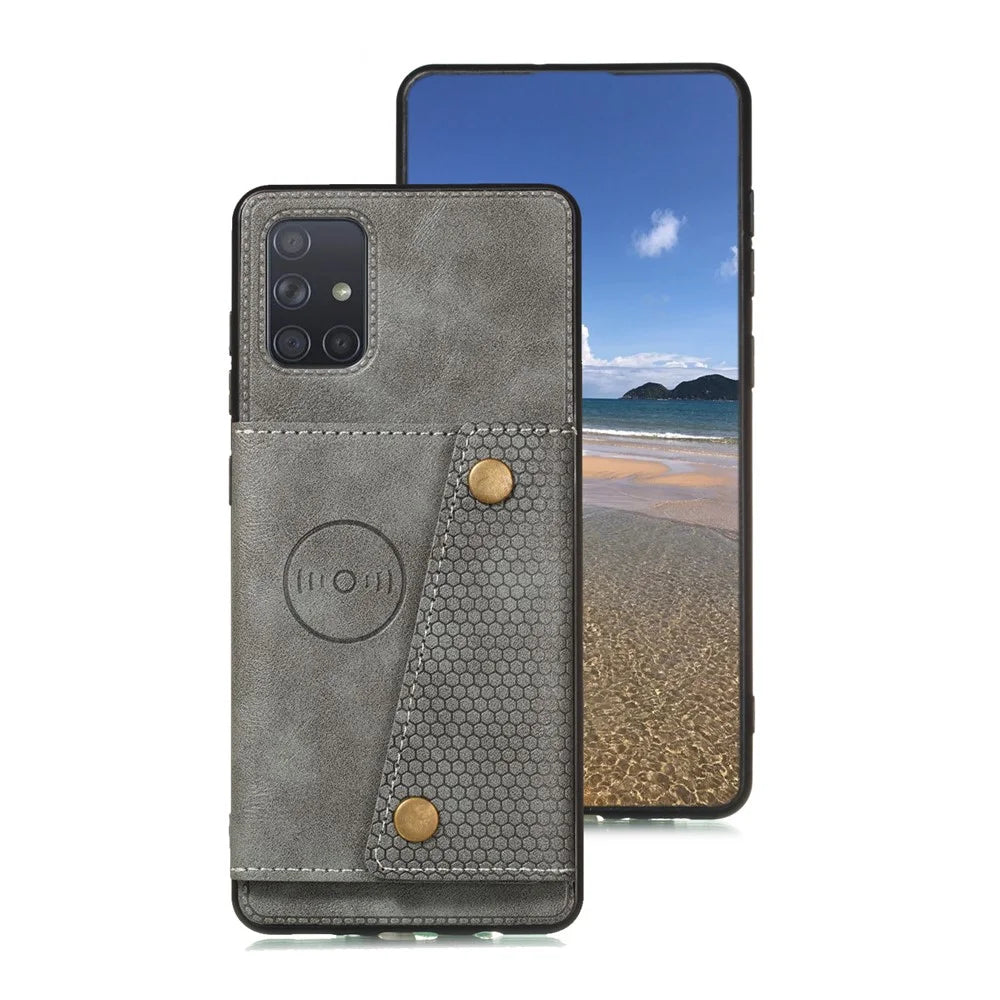 PU Leather Coated TPU Shell Case with Kickstand and Card Holder [Built-in Vehicle Magnetic Sheet] for Samsung Galaxy A52 4G/5G / A52s 5G - Grey - 2