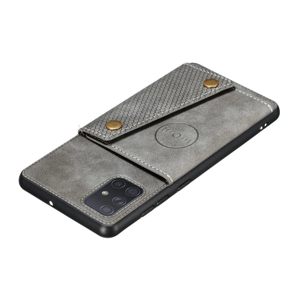 PU Leather Coated TPU Shell Case with Kickstand and Card Holder [Built-in Vehicle Magnetic Sheet] for Samsung Galaxy A52 4G/5G / A52s 5G - Grey - 3