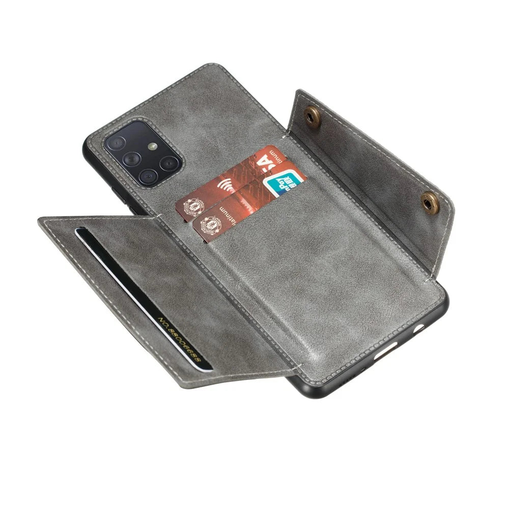 PU Leather Coated TPU Shell Case with Kickstand and Card Holder [Built-in Vehicle Magnetic Sheet] for Samsung Galaxy A52 4G/5G / A52s 5G - Grey - 5