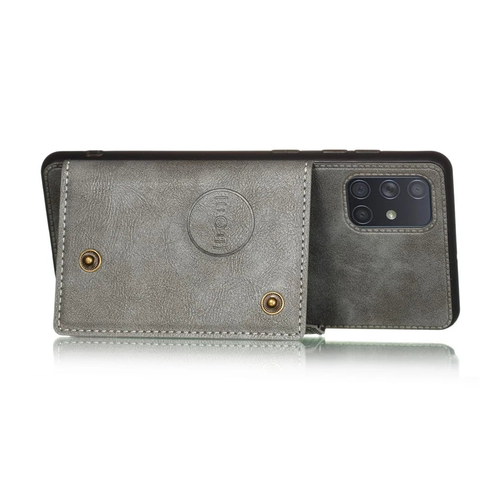 PU Leather Coated TPU Shell Case with Kickstand and Card Holder [Built-in Vehicle Magnetic Sheet] for Samsung Galaxy A52 4G/5G / A52s 5G - Grey - 6