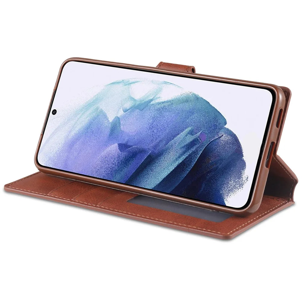 AZNS Dual-sided Magnetic Clasp Wallet PU Leather Stand Case for Samsung Galaxy S21 4G/5G - Brown - 4