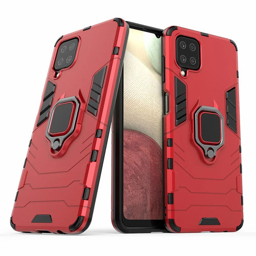 For Samsung Galaxy A12 Cool Guard PC + TPU Hybrid Phone Case Cell Phone Cover with Ring Kickstand - Red - 1