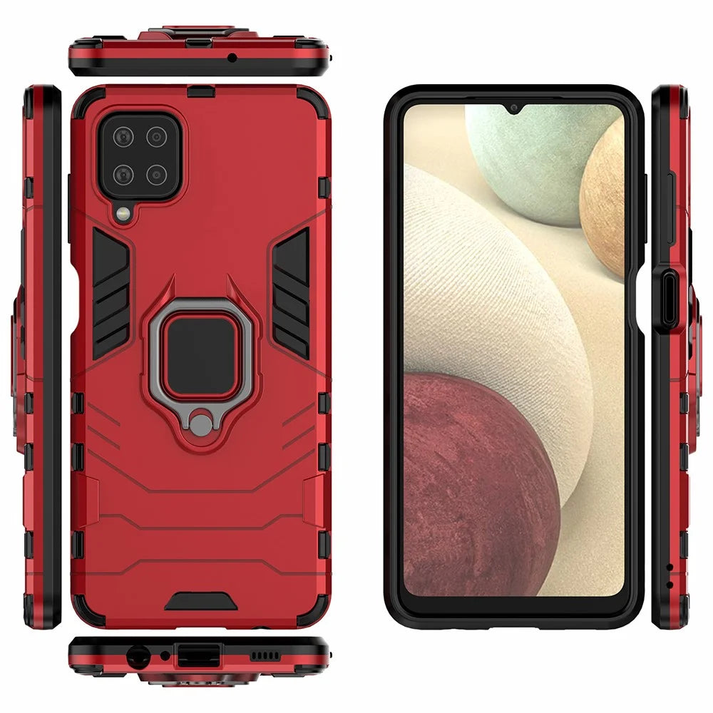 For Samsung Galaxy A12 Cool Guard PC + TPU Hybrid Phone Case Cell Phone Cover with Ring Kickstand - Red - 3
