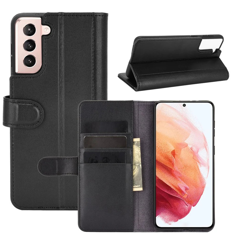 For Samsung Galaxy S21+ Phone Cases Genuine Split Leather Wallet Mobile Cover Stand - Black - 1