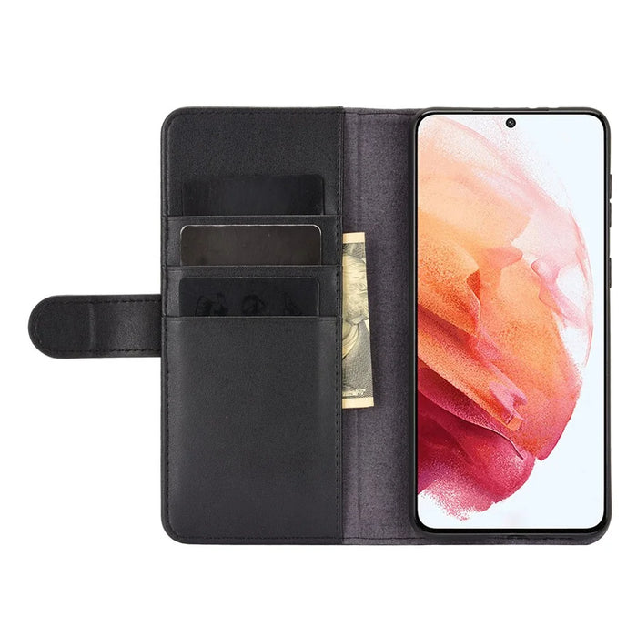 For Samsung Galaxy S21+ Phone Cases Genuine Split Leather Wallet Mobile Cover Stand - Black - 4