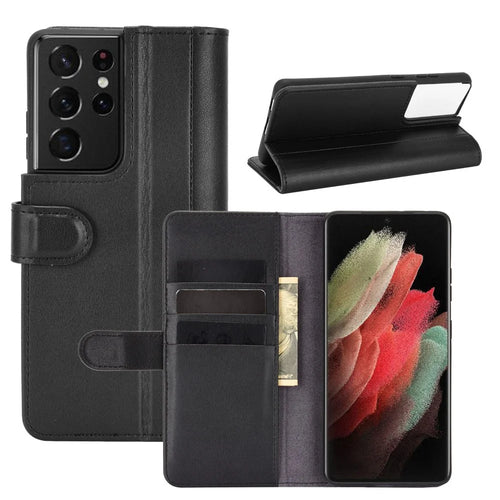 For Samsung Galaxy S21 Ultra 5G Phone Cases Genuine Split Leather Wallet Mobile Cover Stand - Black - 1