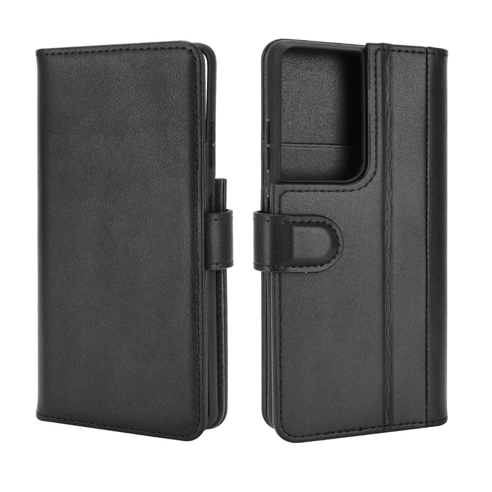 For Samsung Galaxy S21 Ultra 5G Phone Cases Genuine Split Leather Wallet Mobile Cover Stand - Black - 2
