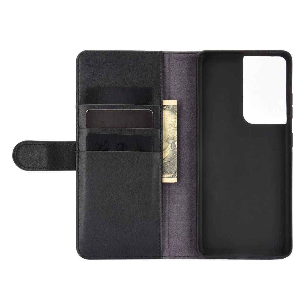 For Samsung Galaxy S21 Ultra 5G Phone Cases Genuine Split Leather Wallet Mobile Cover Stand - Black - 3