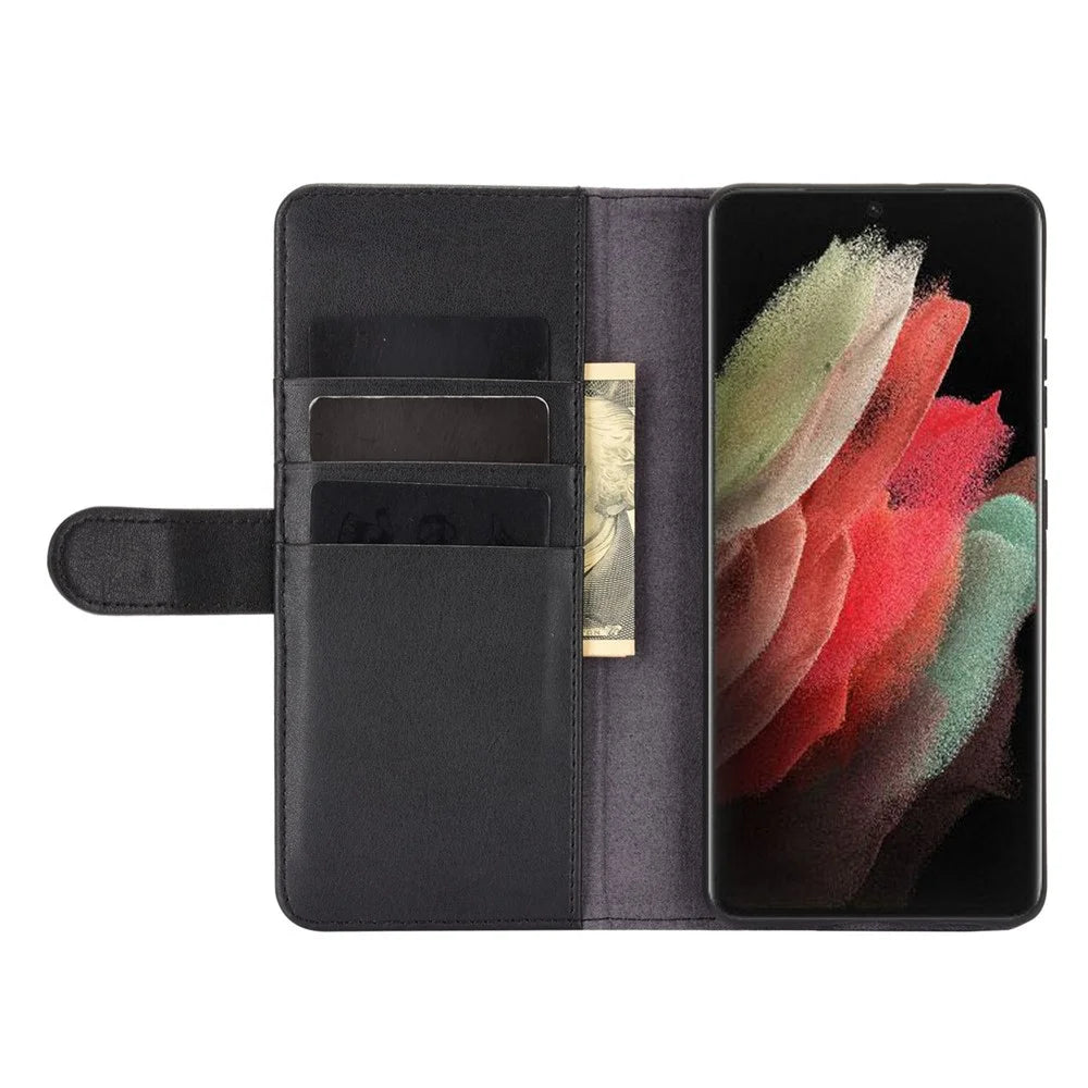 For Samsung Galaxy S21 Ultra 5G Phone Cases Genuine Split Leather Wallet Mobile Cover Stand - Black - 4