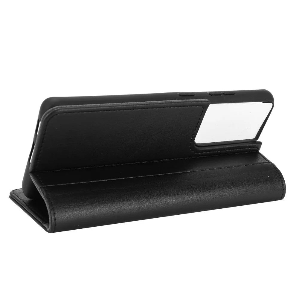 For Samsung Galaxy S21 Ultra 5G Phone Cases Genuine Split Leather Wallet Mobile Cover Stand - Black - 5