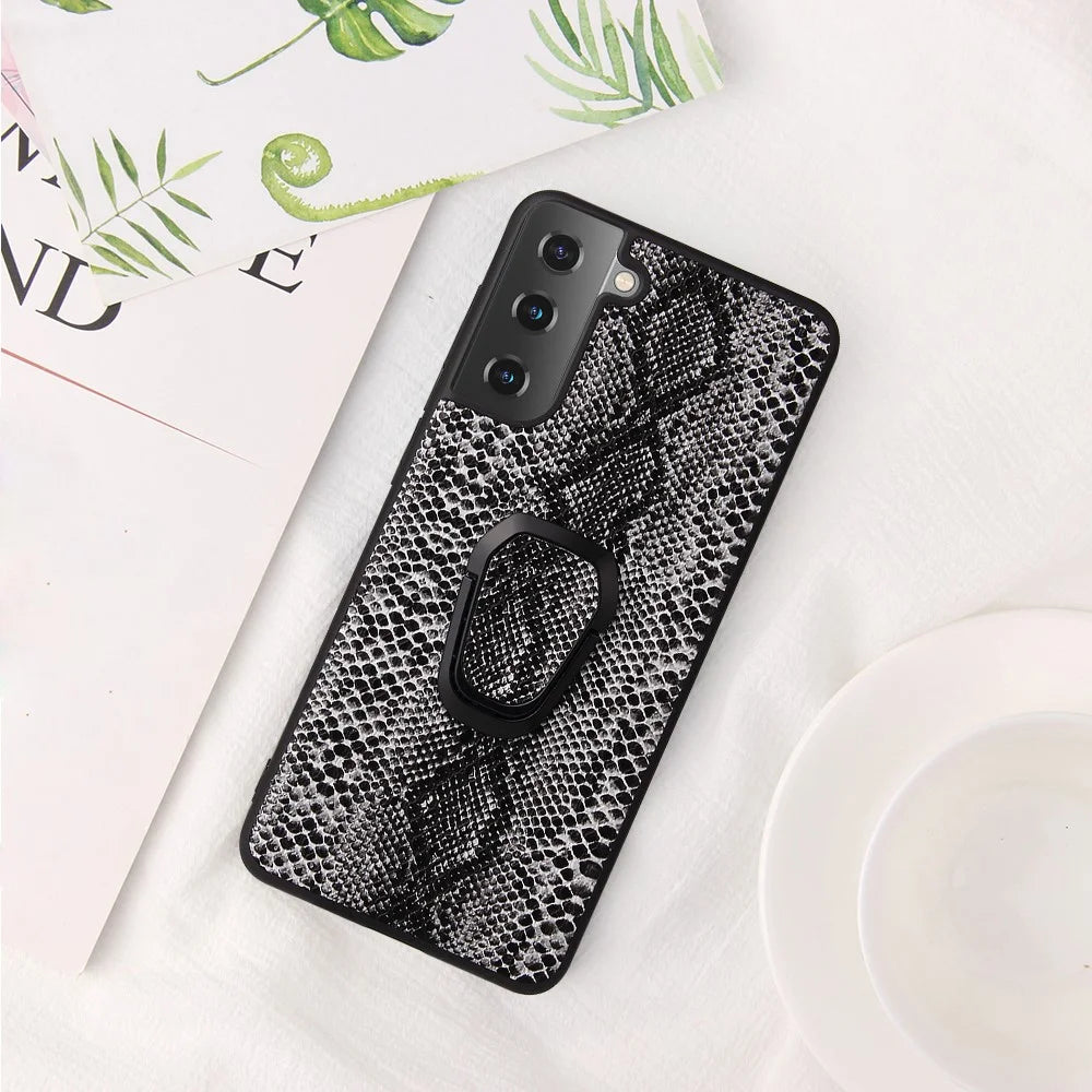 Ring-Shape Kickstand Design PU Leather Coated Phone Cover Shell for Samsung Galaxy S21 4G/5G - Snake Texture - 2
