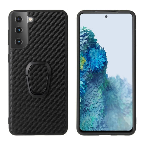 Phone Cover Shell Coated with PU Leather + Ring-Shape Kickstand Design for Samsung Galaxy S21 Plus 5G - Carbon Fiber Texture - 1