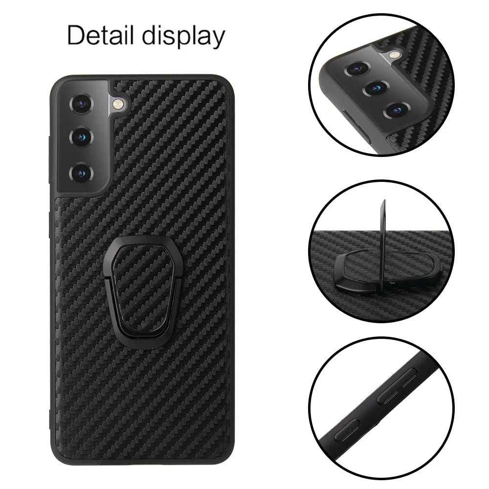 Phone Cover Shell Coated with PU Leather + Ring-Shape Kickstand Design for Samsung Galaxy S21 Plus 5G - Carbon Fiber Texture - 2