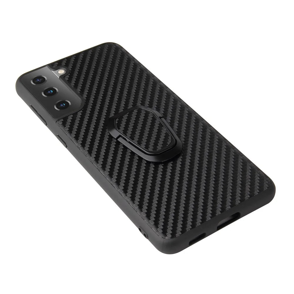 Phone Cover Shell Coated with PU Leather + Ring-Shape Kickstand Design for Samsung Galaxy S21 Plus 5G - Carbon Fiber Texture - 3