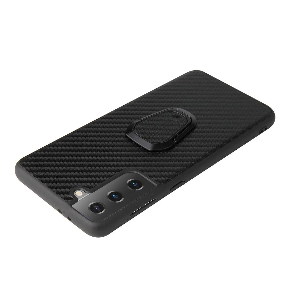Phone Cover Shell Coated with PU Leather + Ring-Shape Kickstand Design for Samsung Galaxy S21 Plus 5G - Carbon Fiber Texture - 4