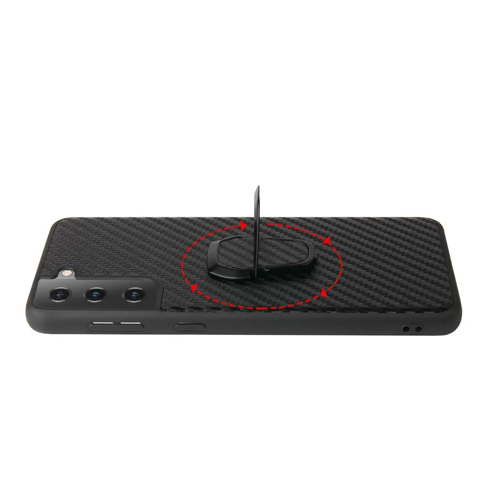Phone Cover Shell Coated with PU Leather + Ring-Shape Kickstand Design for Samsung Galaxy S21 Plus 5G - Carbon Fiber Texture - 5