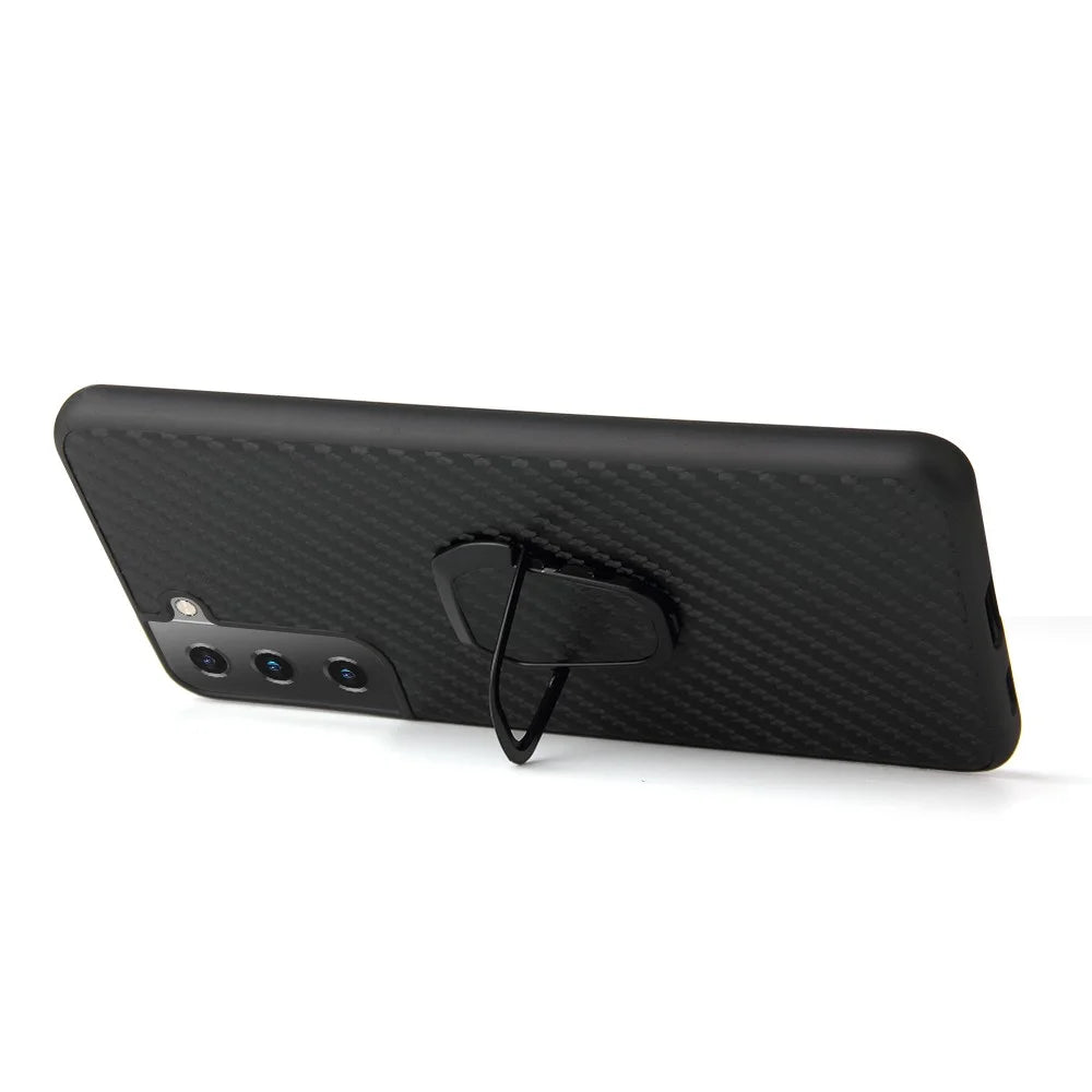 Phone Cover Shell Coated with PU Leather + Ring-Shape Kickstand Design for Samsung Galaxy S21 Plus 5G - Carbon Fiber Texture - 6