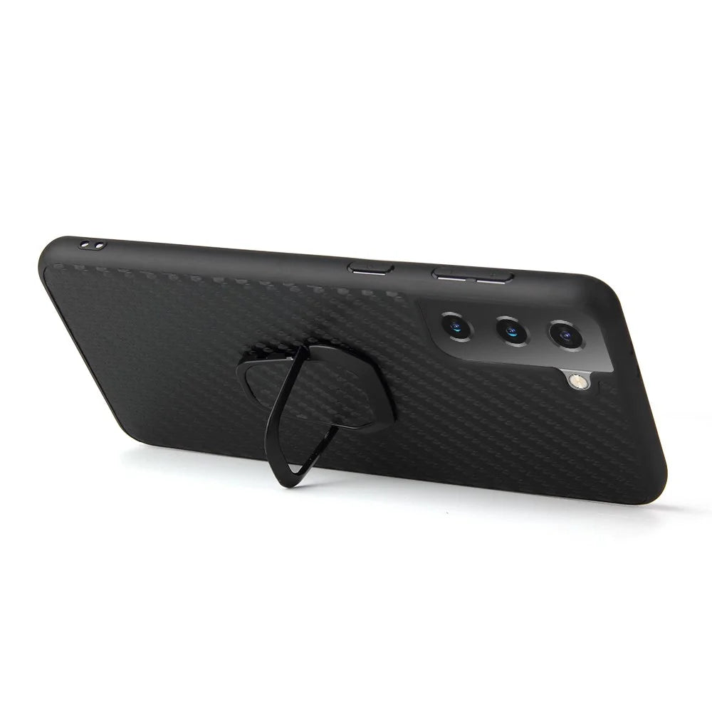 Phone Cover Shell Coated with PU Leather + Ring-Shape Kickstand Design for Samsung Galaxy S21 Plus 5G - Carbon Fiber Texture - 7