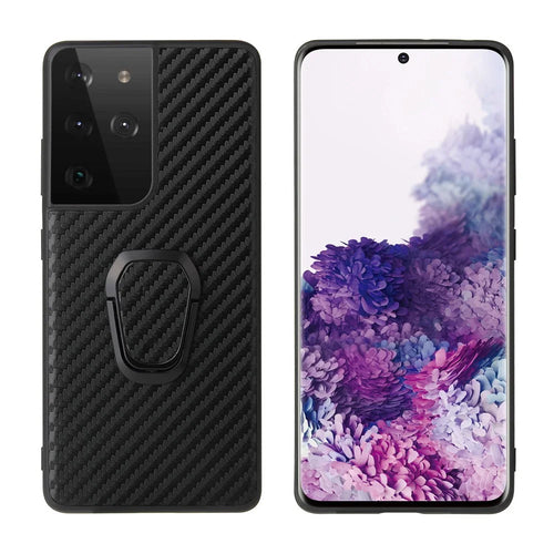 Ring-Shape Kickstand Design Phone Cover Shell Coated with PU Leather for Samsung Galaxy S21 Ultra 5G - Carbon Fiber Texture - 1