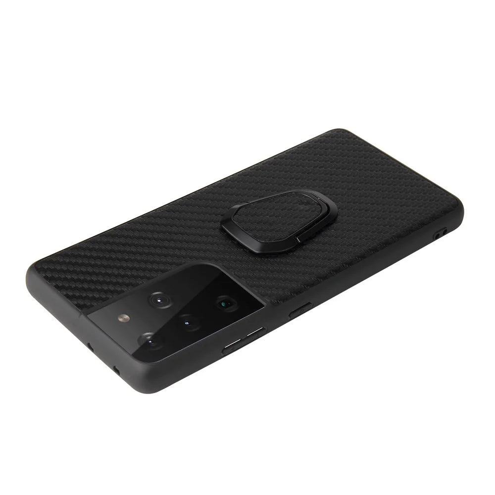 Ring-Shape Kickstand Design Phone Cover Shell Coated with PU Leather for Samsung Galaxy S21 Ultra 5G - Carbon Fiber Texture - 3