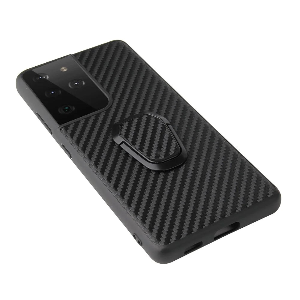 Ring-Shape Kickstand Design Phone Cover Shell Coated with PU Leather for Samsung Galaxy S21 Ultra 5G - Carbon Fiber Texture - 4