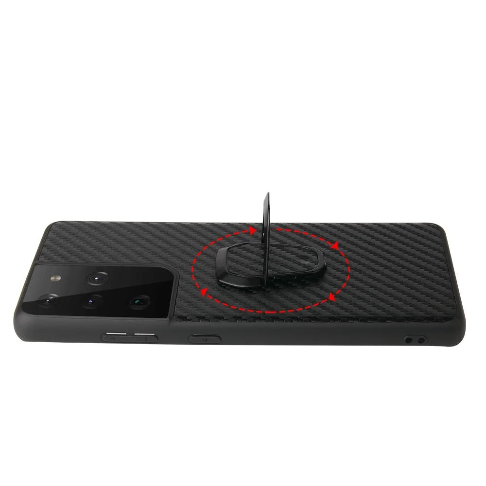 Ring-Shape Kickstand Design Phone Cover Shell Coated with PU Leather for Samsung Galaxy S21 Ultra 5G - Carbon Fiber Texture - 5
