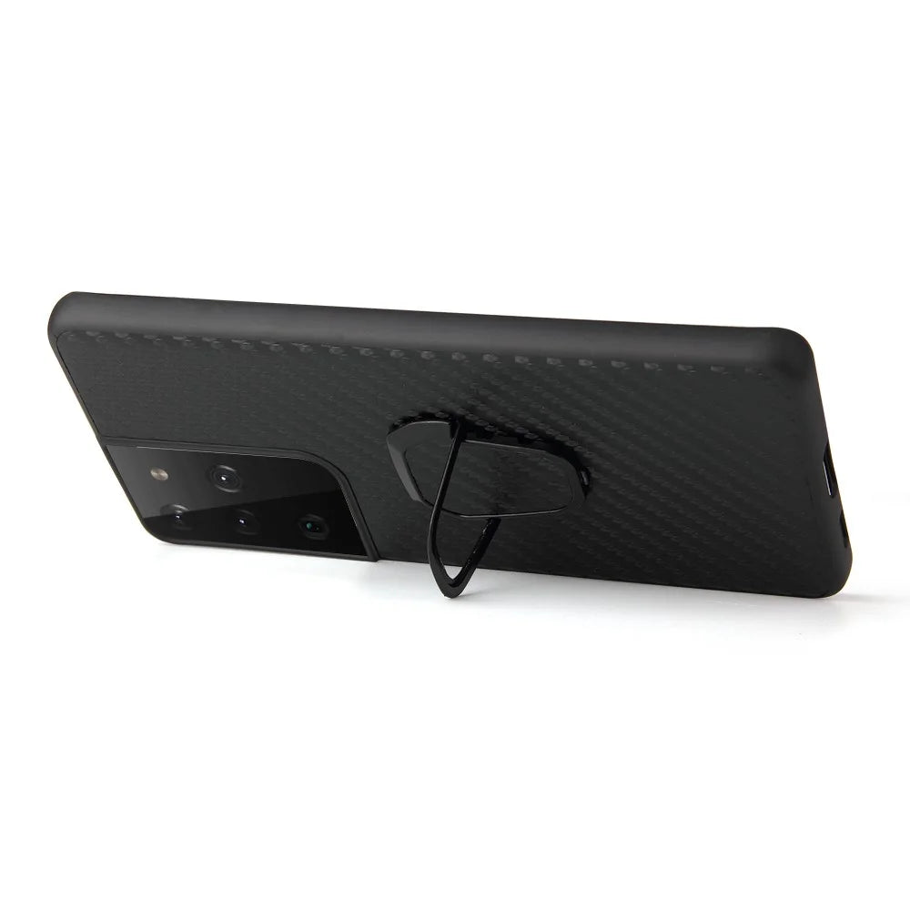 Ring-Shape Kickstand Design Phone Cover Shell Coated with PU Leather for Samsung Galaxy S21 Ultra 5G - Carbon Fiber Texture - 6