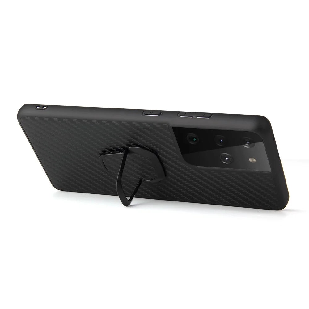 Ring-Shape Kickstand Design Phone Cover Shell Coated with PU Leather for Samsung Galaxy S21 Ultra 5G - Carbon Fiber Texture - 7