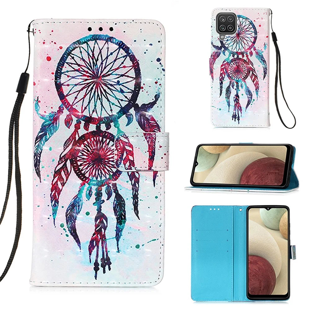 Lanyard Design Pattern Printing Design Leather Phone Case with Wallet and Stand for Samsung Galaxy A12 / M12 - Dreamcatcher - 1