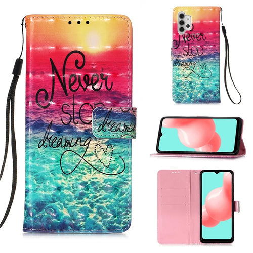 Pattern Printing Design Wallet Stand Leather Phone Case with Lanyard for Samsung Galaxy A32 5G - Sea Of Clouds / Colorful - 1