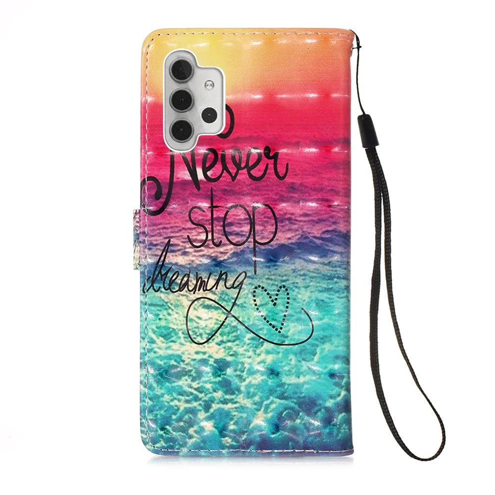 Pattern Printing Design Wallet Stand Leather Phone Case with Lanyard for Samsung Galaxy A32 5G - Sea Of Clouds / Colorful - 3