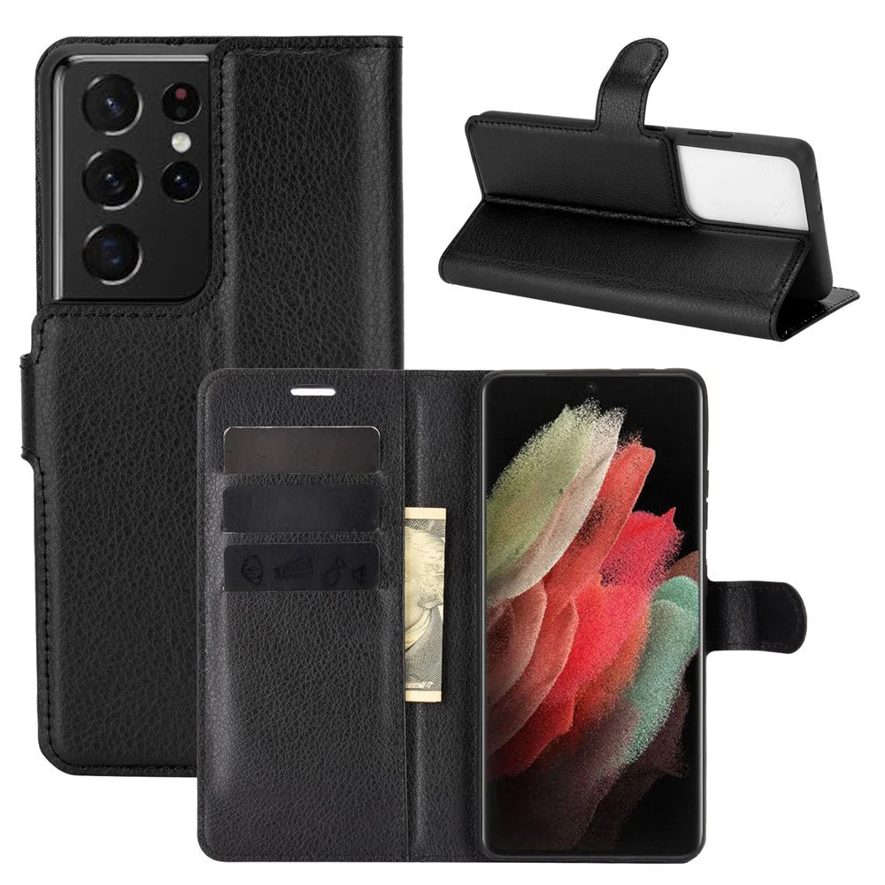 Litchi Texture Leather Phone Protective Cover with Wallet Stand Design for Samsung Galaxy S21 Ultra 5G - Black - 1