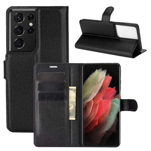 Litchi Texture Leather Phone Protective Cover with Wallet Stand Design for Samsung Galaxy S21 Ultra 5G - Black - 1