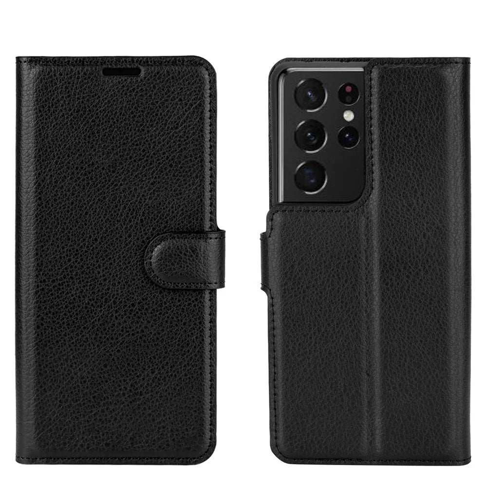 Litchi Texture Leather Phone Protective Cover with Wallet Stand Design for Samsung Galaxy S21 Ultra 5G - Black - 2