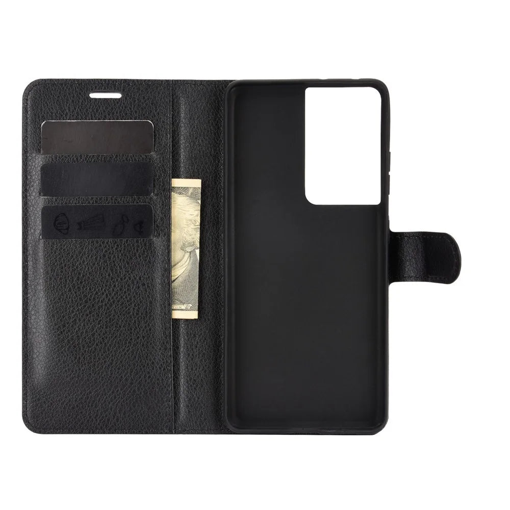 Litchi Texture Leather Phone Protective Cover with Wallet Stand Design for Samsung Galaxy S21 Ultra 5G - Black - 3