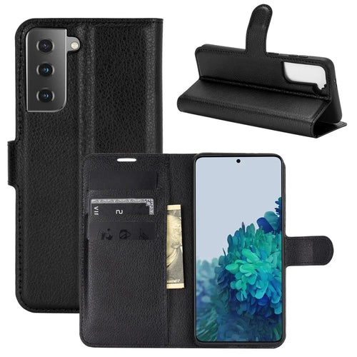 Litchi Texture Leather Phone Protective Cover with Wallet Stand Design for Samsung Galaxy S21+ 5G - Black - 1