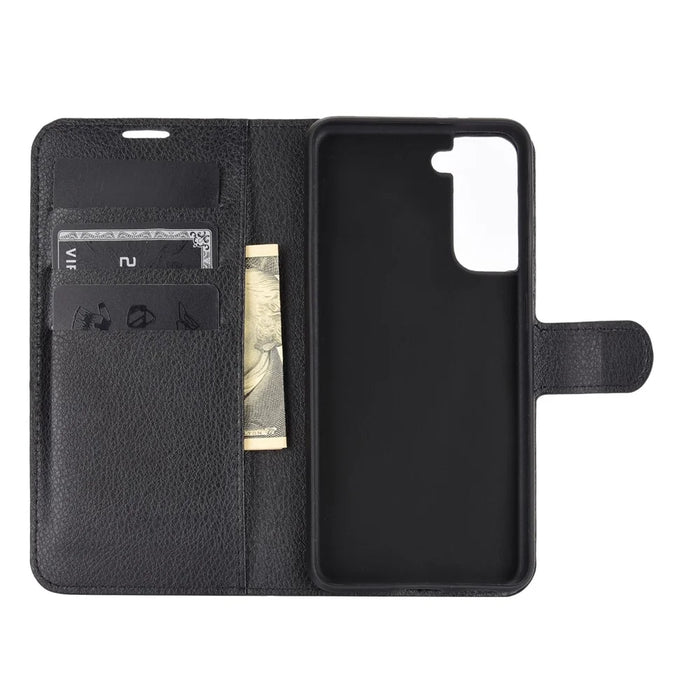 Litchi Texture Leather Phone Protective Cover with Wallet Stand Design for Samsung Galaxy S21+ 5G - Black - 3