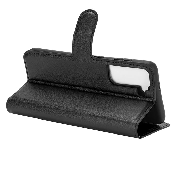 Litchi Texture Leather Phone Protective Cover with Wallet Stand Design for Samsung Galaxy S21+ 5G - Black - 5