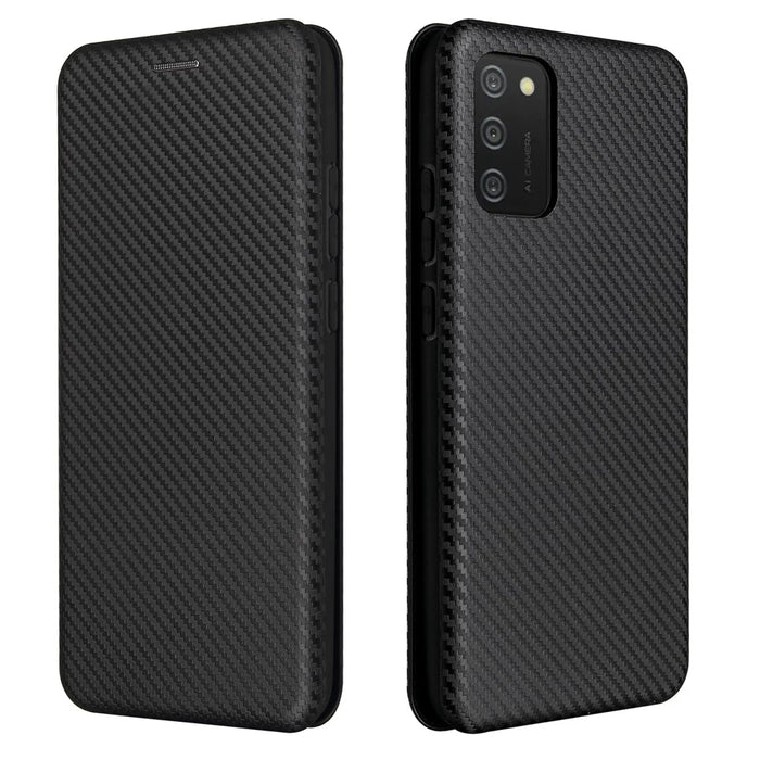 Anti-scratch Carbon Fiber Texture Auto-absorbed Leather Cover for Samsung Galaxy A02s (164.2mm) Stand Shell - Black - 2
