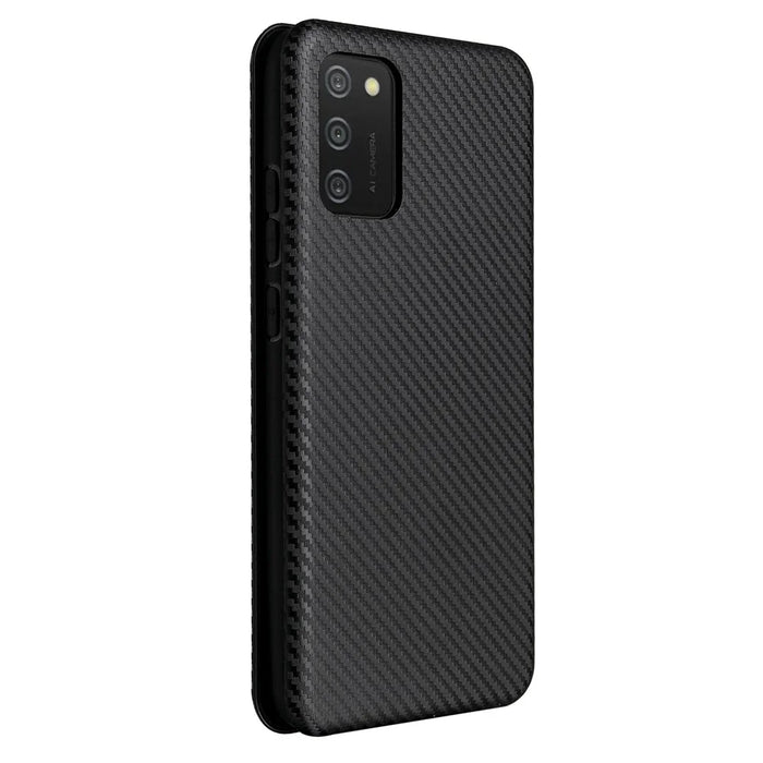 Anti-scratch Carbon Fiber Texture Auto-absorbed Leather Cover for Samsung Galaxy A02s (164.2mm) Stand Shell - Black - 4