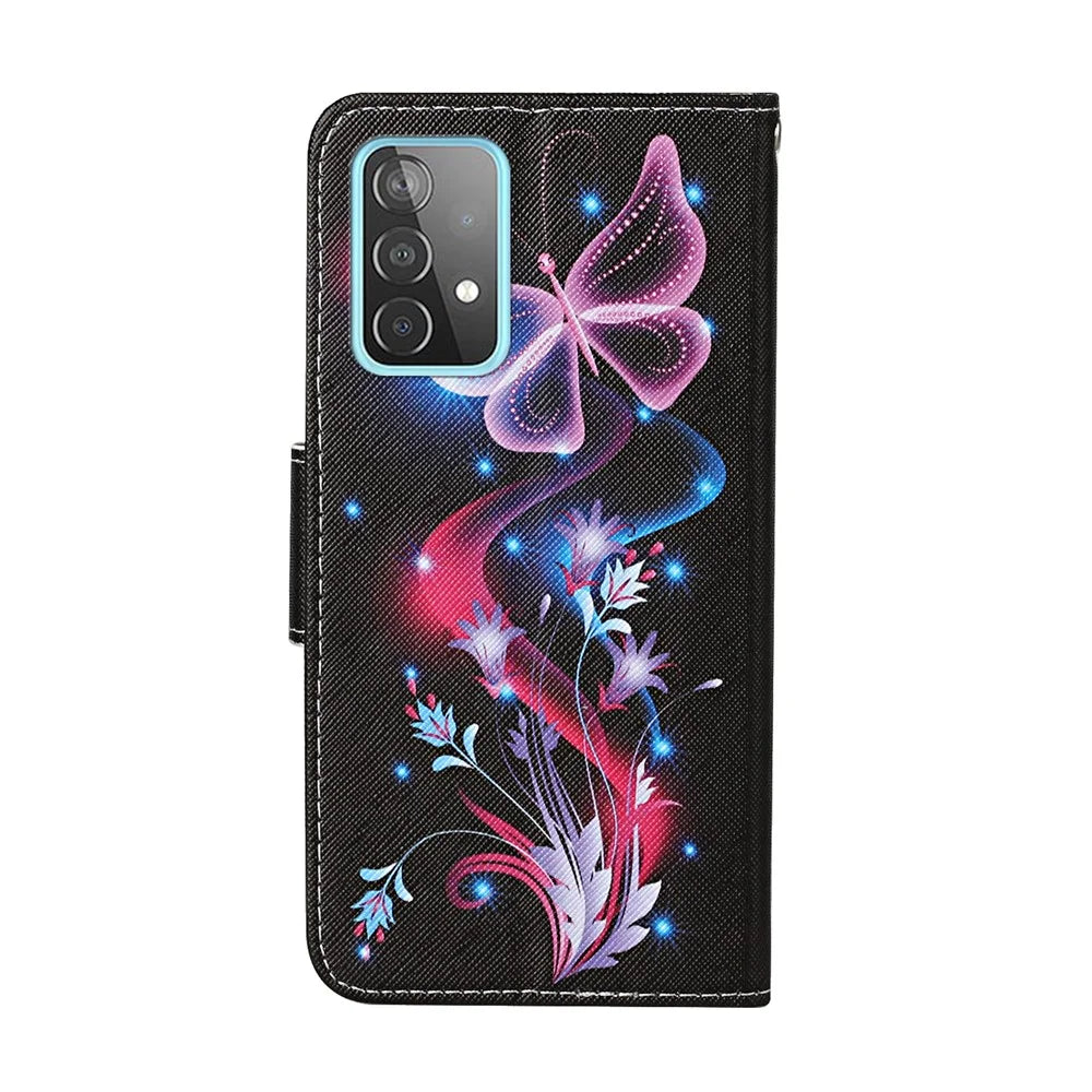 Pattern Printing TPU + PU Leather Wallet Stand Phone Case with Lanyard for Samsung Galaxy A52 4G/5G / A52s 5G - Beautiful Flower - 3